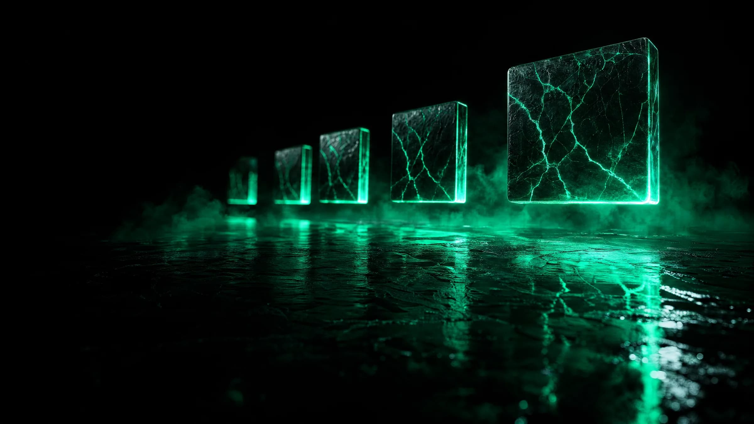 Beveled cracked-marble tiles glowing emerald above a reflective floor