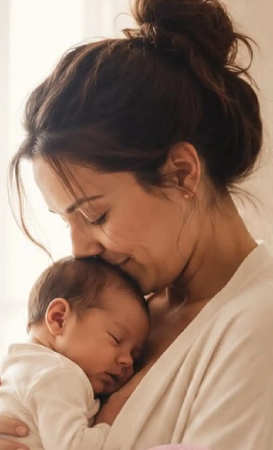 Mother cradling her newborn, forehead to forehead