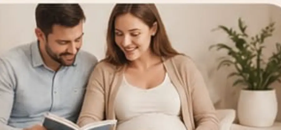 Expecting parents reading together on the couch